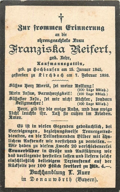 Sterbebild Franziska Reifert (1845-1893)